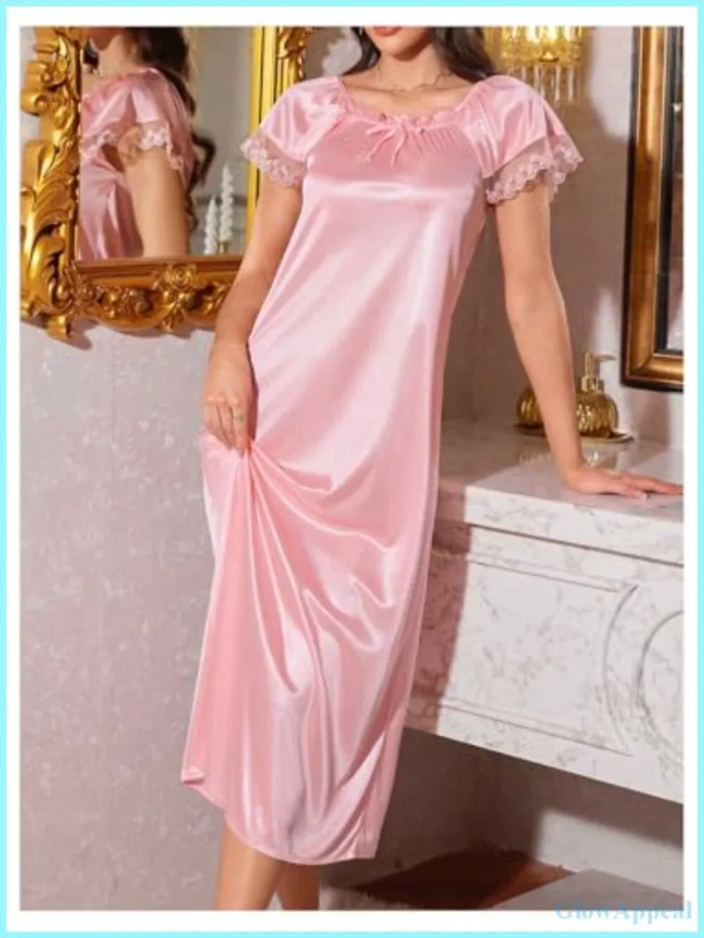 Satin Nightgown Midi Lounge Dress with Lace Trim